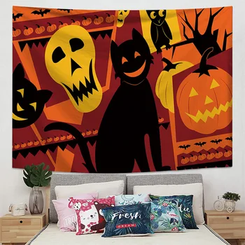 

Halloween Tapestry Evil Pumpkin Wall Halloween Party Tapestryart Orange Print Meditation Tapestry Children Room Decoration