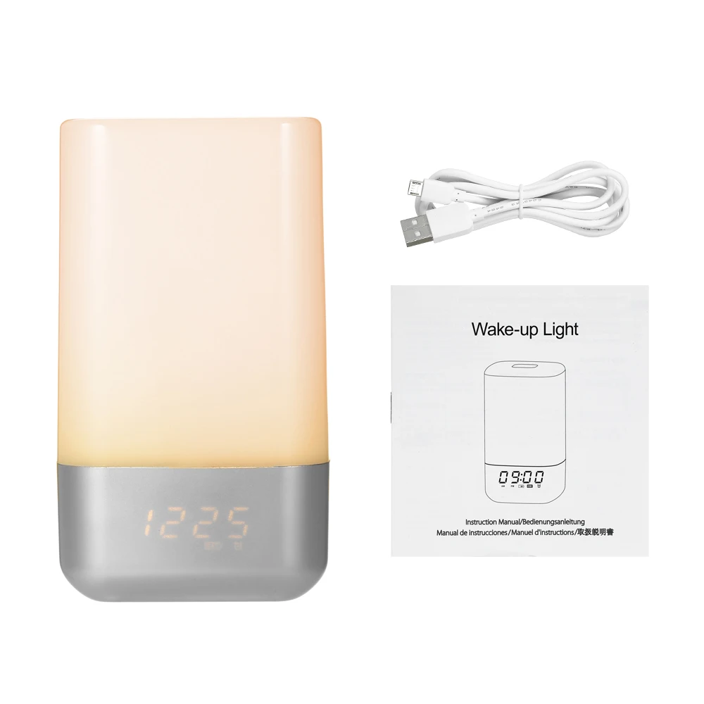 Simulation Digital Clock USB Rechargeable LED Wake Up Light Alarm Clock Sunrise Alarm Clock Colorful Night Light 18650 Battery