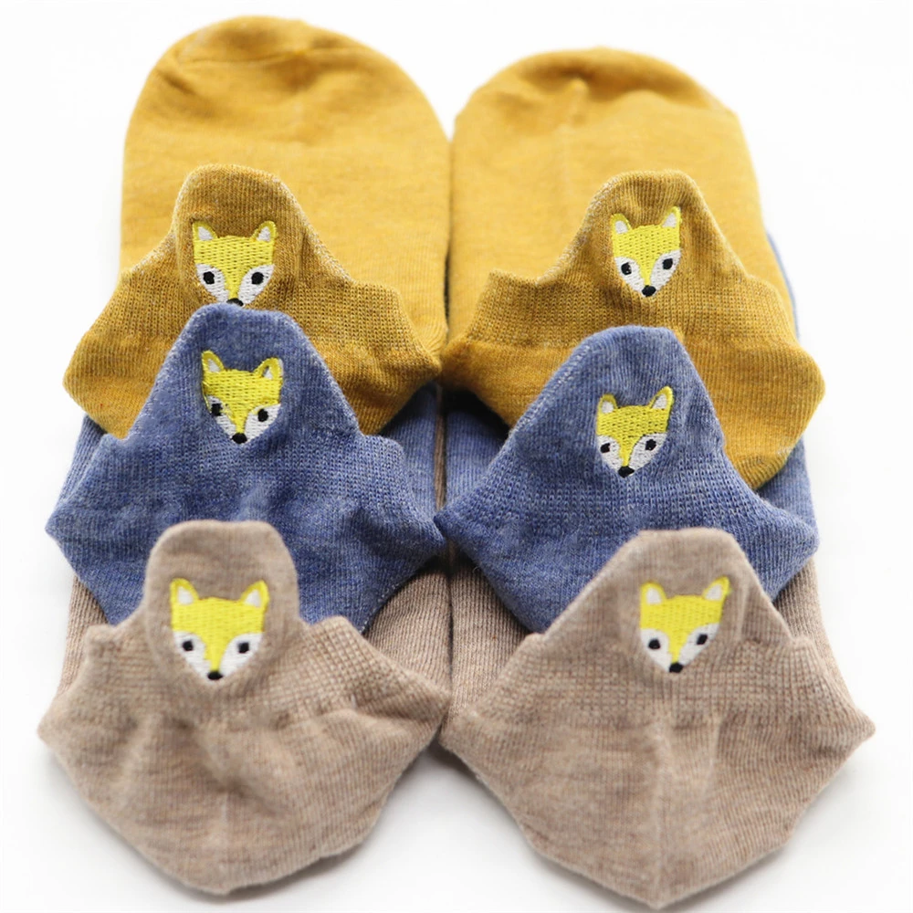 3 пары, мягкие милые хлопковые женские носки с вышитыми лисичками и сердечками, красивые носки-башмачки для лета и осени с милыми животными, кошечкой и медведем - Цвет: FOX 1