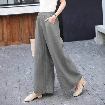 

Women Wide Leg 2020 new Fashion Loose High Waist Solid Linen Pants Casual Pants Long Pantalon Trouser Femme Palazzo Korean style
