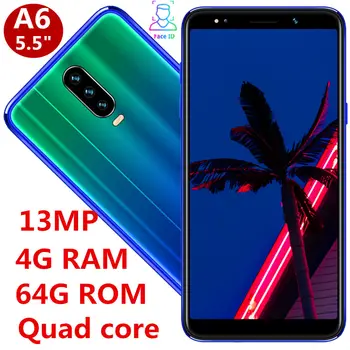 

A6 smartphones 4G RAM 64G ROM quad core 13MP camera 5.5" IPS android mobile phones face ID unlocked cheap celulars WCDMA 2SIM