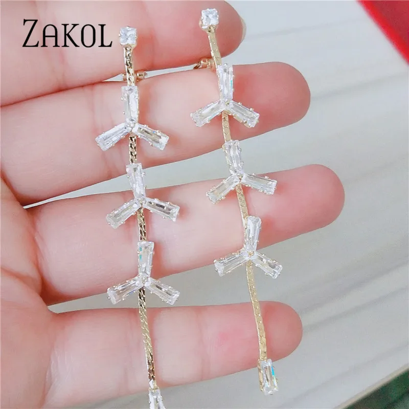 

ZAKOL New Fashion Shiny Crystal Leaf Long Tassel Dangle Earrings for Women Dinner Party Holiday Birthday Gift Jewelry FAEP077