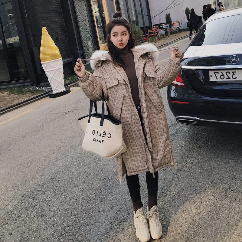 

Cotton-padded Jacket 2020 New Style Korean-style Loose-Fit Large Fur Collar Plaid down Jacket Cotton-padded Clothes Women's Mid-