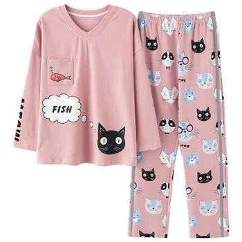 

Autumn Women Cotton Pajamas Sets Cute Pyjama Sleepwear Sleep Sets Long Sleeve Nightwear Cartoon Print Pijama Femme