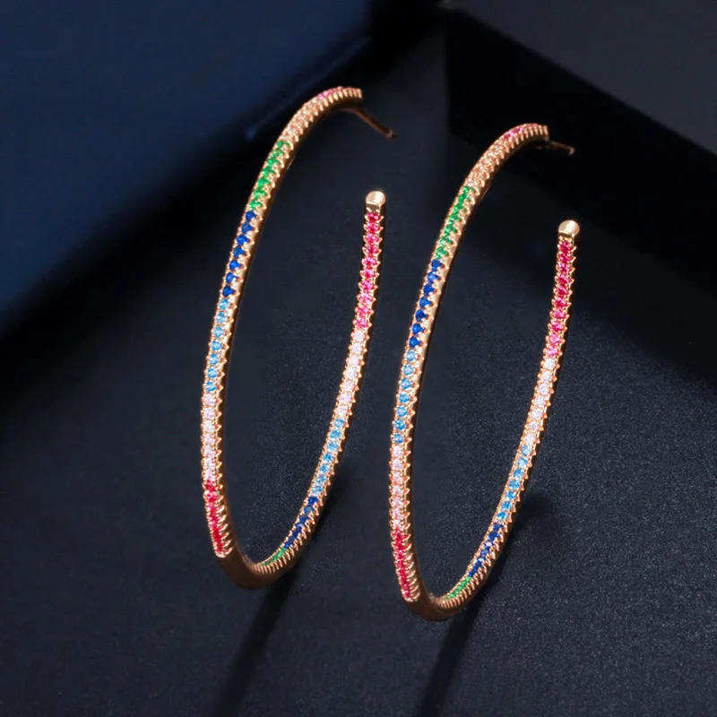 Colorful Threegraces Модные Красочные CZ Кристалл Радуга Тонкий Большой Круглый Круг женские золотые серьги-кольца для танцев вечерние E0297 - Окраска металла: Colorful