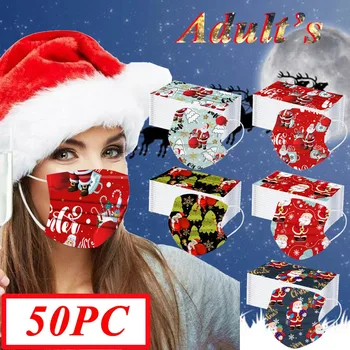 

50pcs Adult Mask Disposable Face Mask Breathable Christmas Printed Industry Dustproof 3ply Ear Loop Mascarilla De Cubierta