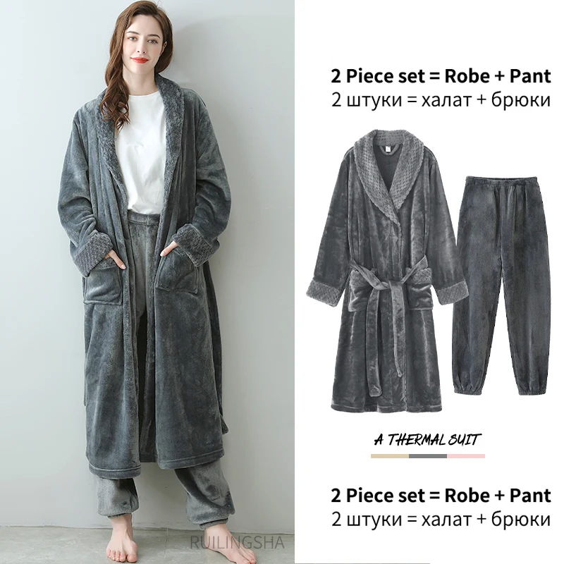 Extra Long Thick Waffle Coral Fleece Winter Warm Bath Robe Men Women Flannel Kimono Bathrobe Male Dressing Gown Mens Nightwear pajama pants