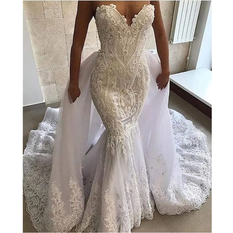 

Sexy Mermaid Wedding Dress 2 in 1Lace Appliques Sweetheart Bridal Wedding Gowns with Detachable Skirt Robe De Mariage