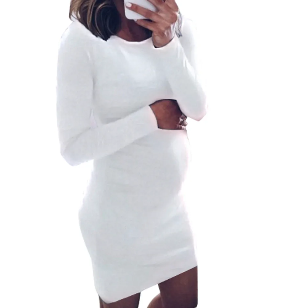 Зимнее женское платье для беременных с длинным рукавом, однотонное мини-платье для беременных, повседневное облегающее платье Femme Enceinte# LR2 - Цвет: Белый