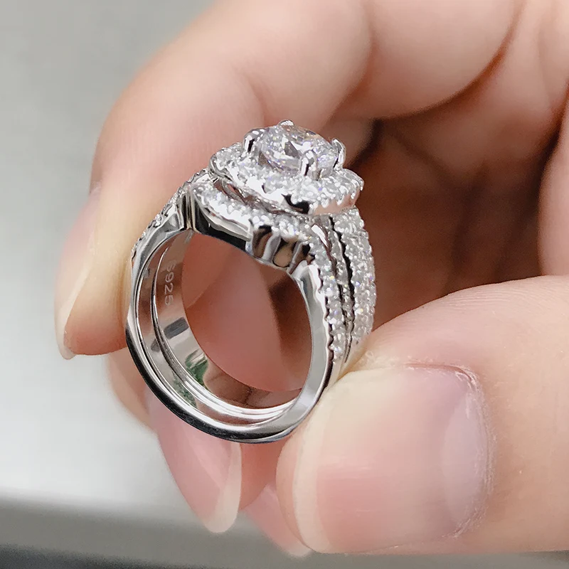 QYI 925 пробы серебро Обручение гало кольца комплекты круглая огранка 1 карат SONA ювелирные изделия Для женщин Имитация обручальные кольца