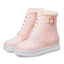 Женские зимние ботинки на шнуровке; теплые меховые ботинки на платформе с круглым носком и пряжкой; повседневные Зимние ботильоны на меху, увеличивающие рост