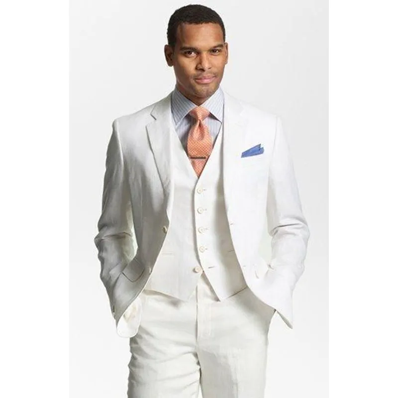 

Custom Made White Linen Suits Men Formal Skinny Summer Beach Simple Wedding Tuxedo 3 Piece Men Suits (Jacket+Pants+Vest) K370