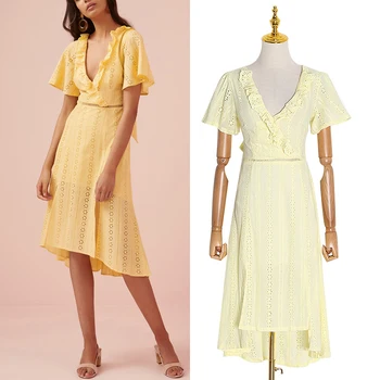 

Spring Women's Fashion Solid Color Sexy SLIM V-neck Irregular Slits Dress