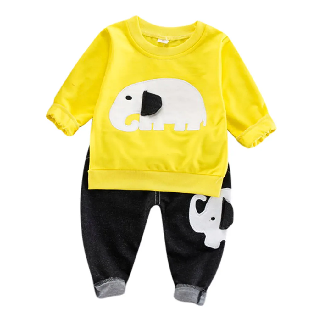 Милая детская одежда для малышей футболка с длинными рукавами и Рисунком Слона для мальчиков топы+ джинсовые штаны, комплект одежды, одежда для маленьких девочек