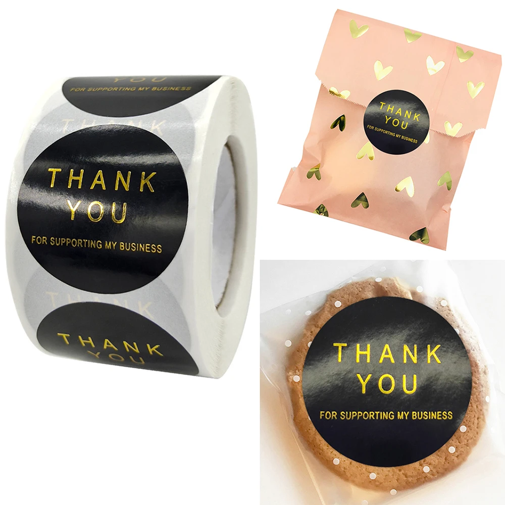 

500pcs/roll 3.8cm Gild Film Thank You Srtickers Black Label Business Party Gift Wrapping Greeting Card Decoration Sticker