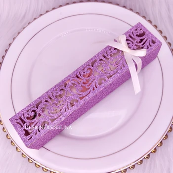 

​ 50pcs Purple Glitter Laser Cut Wedding Gift Boxes with Ribbons for Wedding Invitation Cards Party Candy Favor Decoration