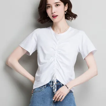 

New solid color 100% cotton round neck short sleeve sweater women