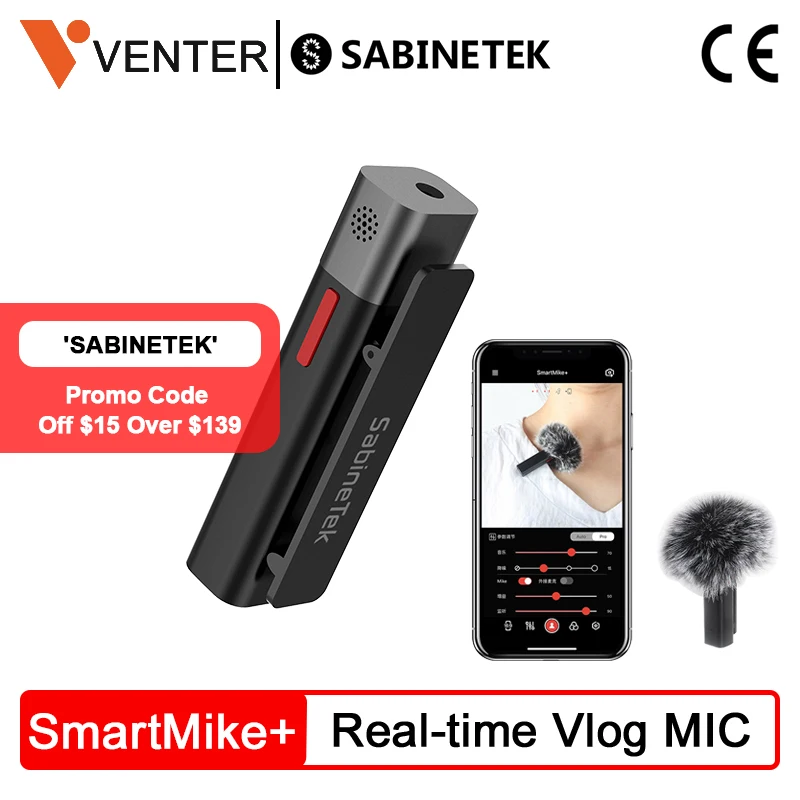 

SABINETEK SmartMike+ Microphone Wireless Bluetooth Vlog Radio Real-time Mic for Computer iPhone Huawei Smartphone Camera Vlogger