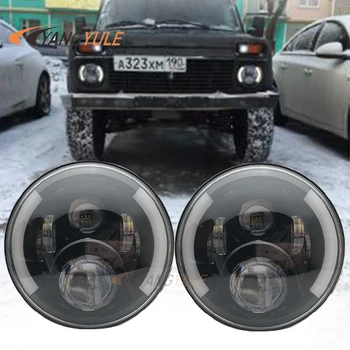 

7 Inch LED Headlight H4 Hi-Lo With Halo Angel Eyes For Lada 4x4 urban Niva Jeep JK Land rover defender Hummer