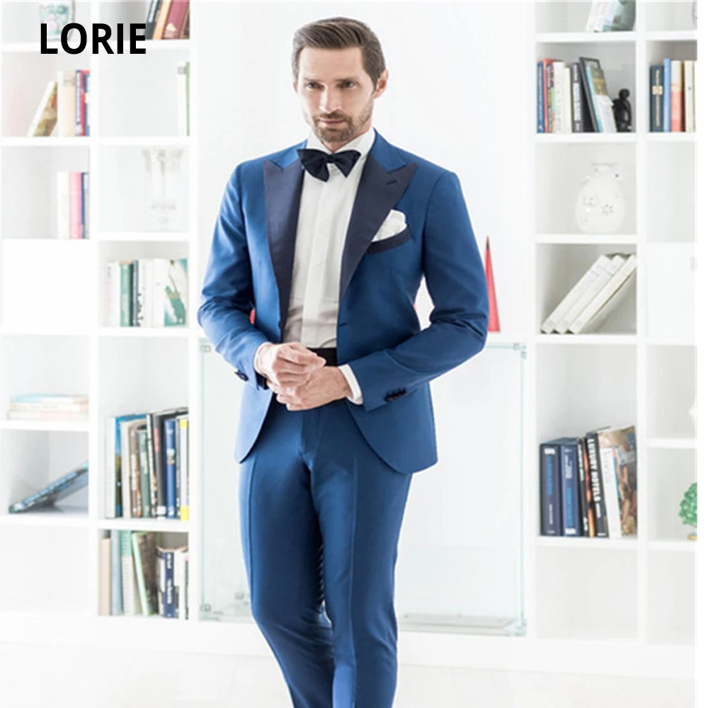 

LORIE High Quality Slim Fit Groom Tuxedos Blue Groomsmen Peak Satin Lapel Men Wedding Suits Best Mens Suit (Jacket+pants+Bow)