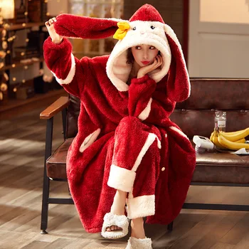 

2PCS Pajamas Winter New Warm Nightwear Hooded Women Sleepwear Flannel Kimono Robe Set Bathrobe Gown Casual Home Clothing