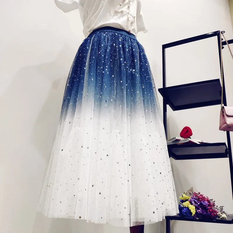 Gradient Color Tulle Skirt Women High Waist Pleated Long Female A-Line White Tutu | Женская одежда