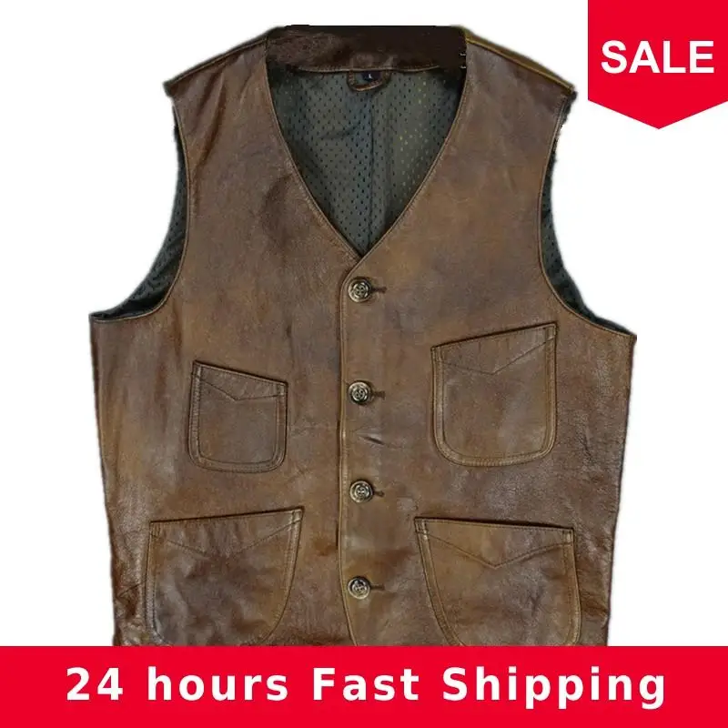 

2020 Vintage Brown Men Casual Leather Vest Single Breasted Plus Size XXXXL Genuine Cowhide Autumn Shot Natural Vest