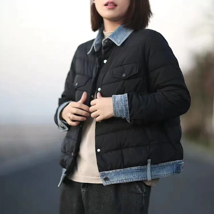 

19 Winter New Style Cowboy Joint White Duck down Thick Coat Fold-down Collar Korean-style Fashion Casual Cotton-padded Clothes W