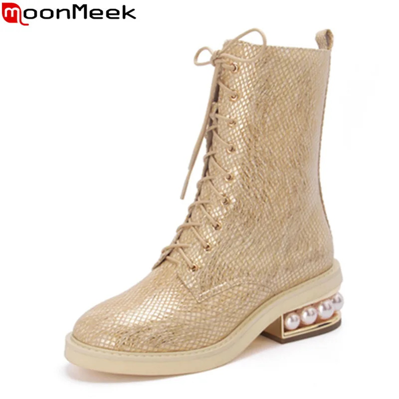 

MoonMeek 2020 New brand sheepskin ankle boots med heels round toe lace up ladies shoes top quality winter women boots