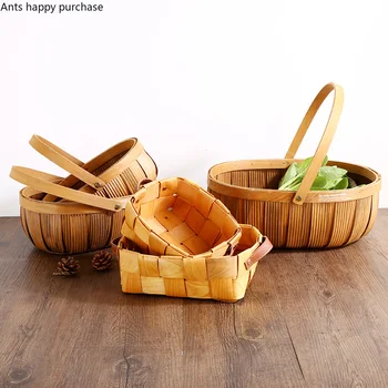 

Bamboo Weaving Leather Handle Round Storage Basket American Rural Hand Storage Basket Household Fruit Snack Sundries Storage