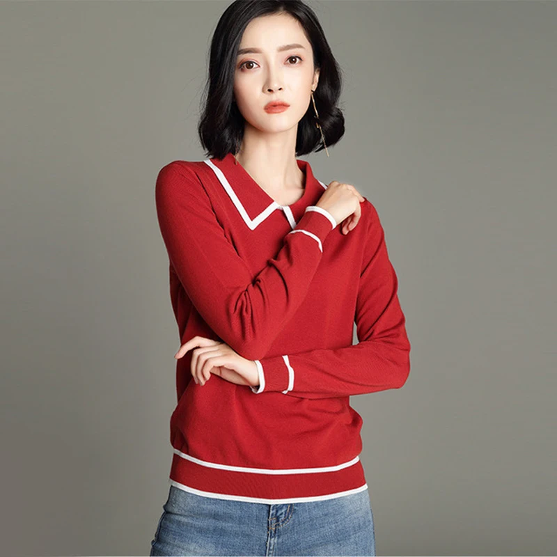 Модная элегантная женская одежда, пуловер с отложным воротником и длинным рукавом, вязаные свитера, облегающие Женские топы, вязаная одежда kz541 - Цвет: red