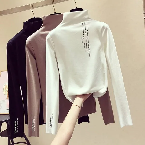 

2019 New Style Base Shirt Autumn And Winter plus Velvet Korean-style Students Half-Turtle-Neck Slim Fit Long-sleeved T-shirt Wom