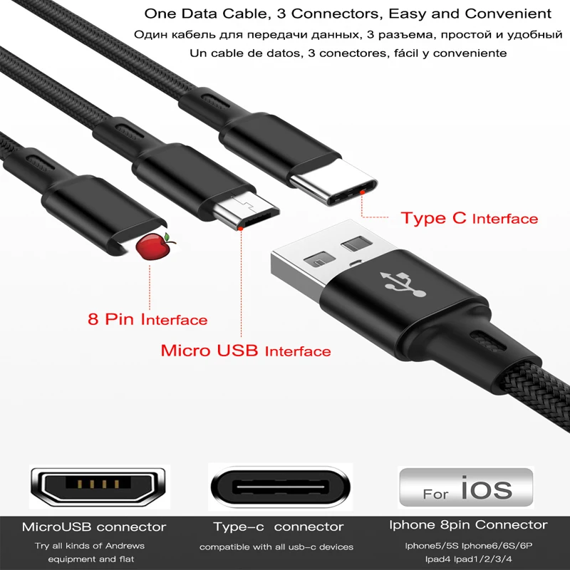 3 в 1 USB кабель 3.0A Быстрая зарядка кабель type-c usb c для iPhone XR 11X8 7 кабель освещения для Redmi Note 8 Pro samsung S9 10