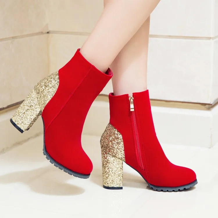 NASBVAI/Новинка года; блестящее верхнее покрытие; женские ботильоны с блестками; модные зимние сапоги на высоком толстом каблуке с молнией; женские ботинки золотистого цвета