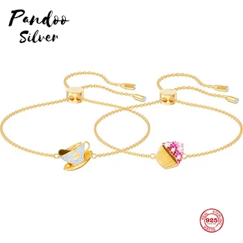 

PANDOO Fashion Charm Pure 925 Silver Original 1:1 Copy, Small Cake Coffee Combination Wild Bracelet Female Luxury Jewelry Gifts