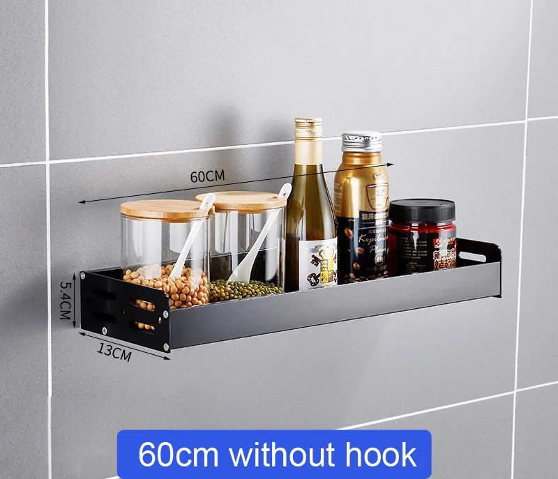 60cm without hook Настенная кухонная клейкая полка, космические алюминиевые стеллажи для специй,, многофункциональное хранение, Настенная Декорация, кухонный держатель - Цвет: 60cm without hook