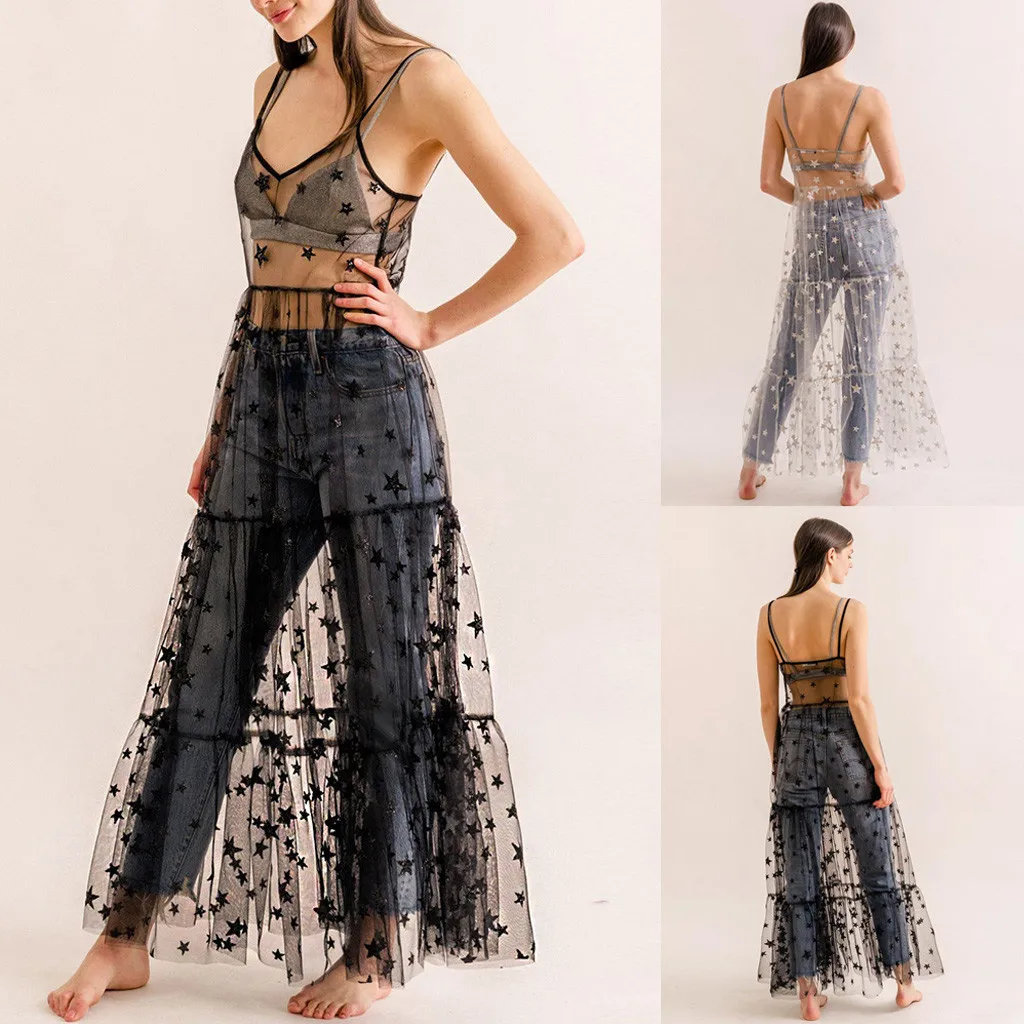 dress women dress Fashion Women Sexy Mesh See Through Splicing Dress Star Sequin Camisole Dress платье женское Free Shipping D4