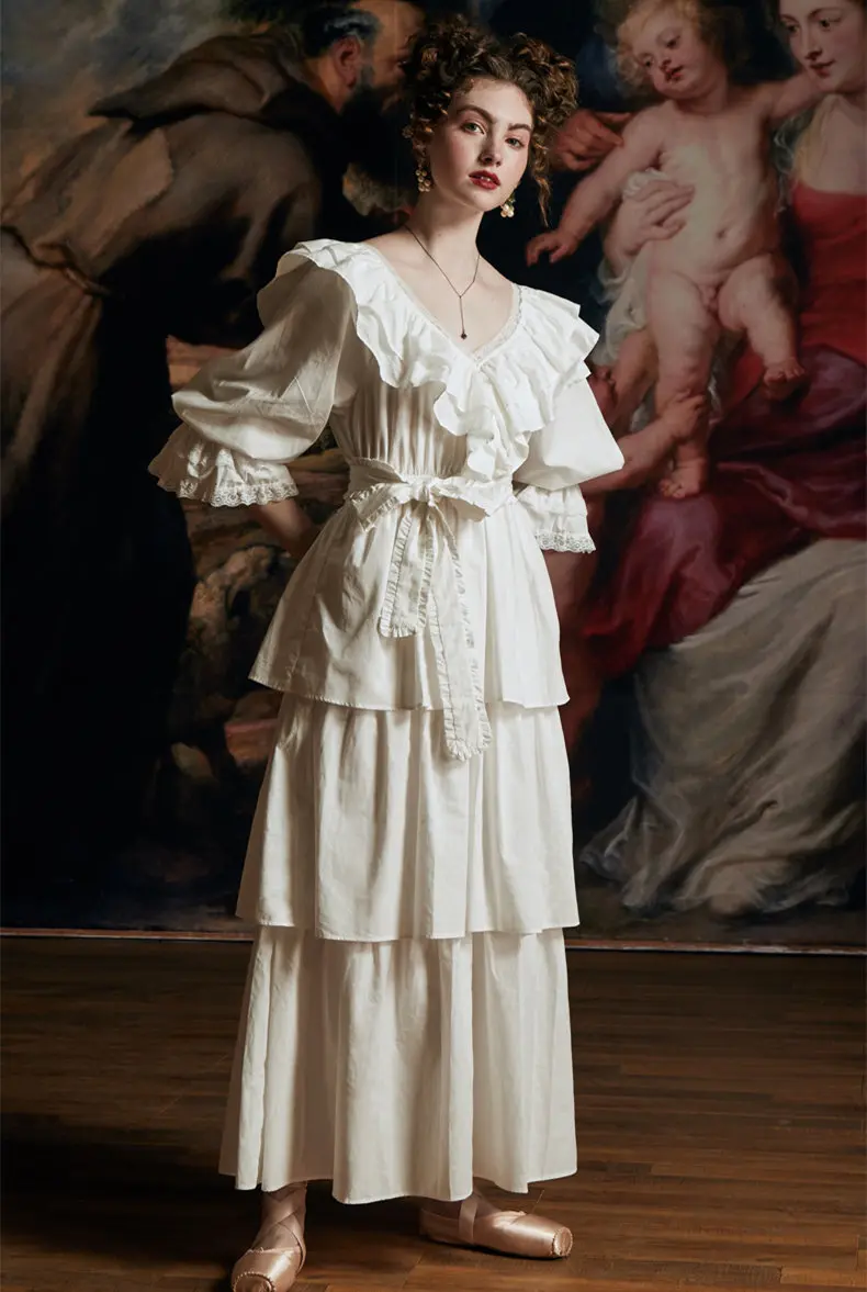 Осенняя винтажная одежда для сна в викторианском стиле с рюшами Женская домашняя одежда ночное платье длинная белая хлопковая Ночная рубашка ночные рубашки в стиле ретро халат T560 - Цвет: Белый