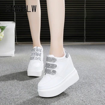 

XMWRLW Women Casual Shoes Platform White Sneakers 2020 Spring Leather Shoes Wedge Women 12cm High Heels Sneakers Sequins Shoe