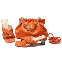 

PEIRESA 2022 New Design Italian Style Shoes And Bag Set To Match Size: 38-42 Orange Color Summer Sexy Women Sandals and Bag Sets