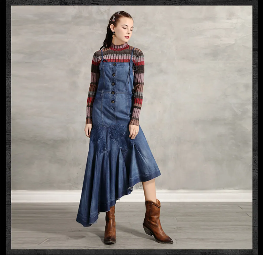 Vintage Denim Women's Dress 2019 Embroidery Braces Dresses Asymmetrical Long Women Strap Dress Vestidos A82193 Draped Dress (15)