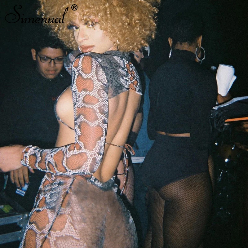 Simenual,, сексуальные комплекты из 3 предметов со змеиным принтом, женские модные вечерние Клубные костюмы с длинным рукавом, облегающий топ и колготки