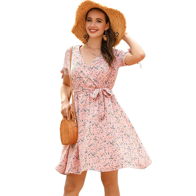 

Chiffon Floral V-neck Big Swing Dress Female Waist Slimming Printing Highlights Temperament New 2020 Summer