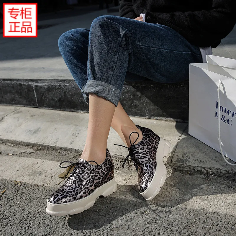 

2019 Spring New Style Genuine Leather Leopord Pattern Elevator Thick Bottomed Shoes Women's Slanted Heel-Toe Lace-up Versatile P