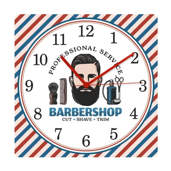 

Barbershop Barber Pole Pattern Mute Square Wall Hanging Clock Hairbrush Armchair Brushing Cutting Store Decorative Clocks Watch