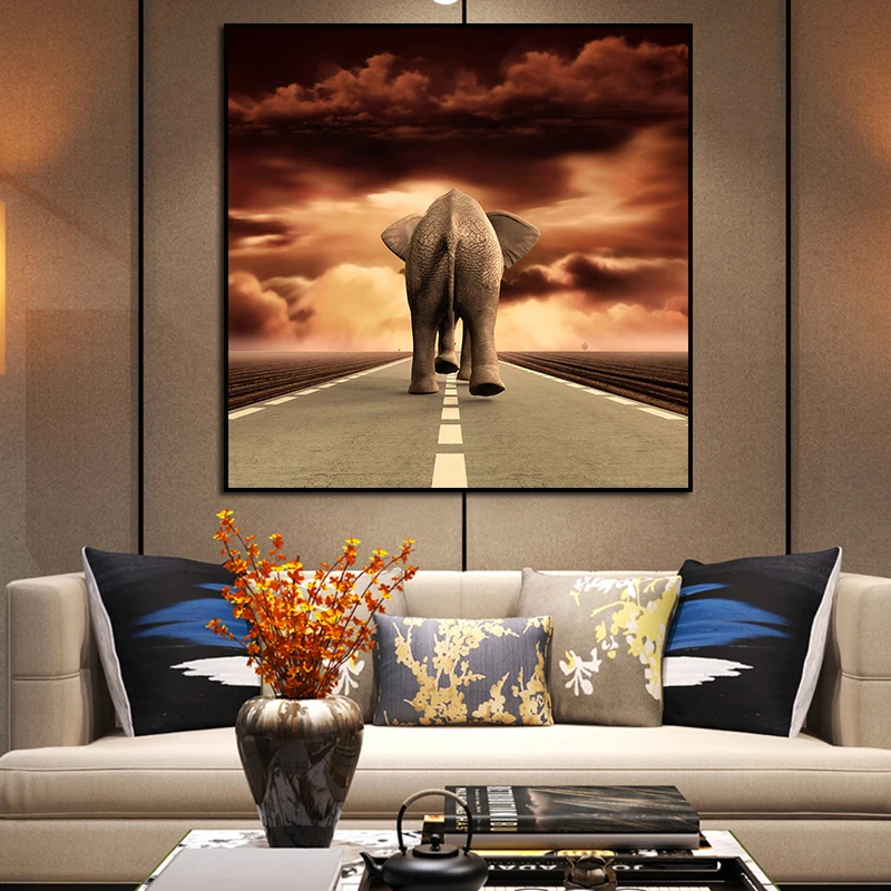 

Animal Picture Elephant Walking on the Road Canvas Painting Wall Art Cuadros Nordic Living Room Home Decor Poster and Prints