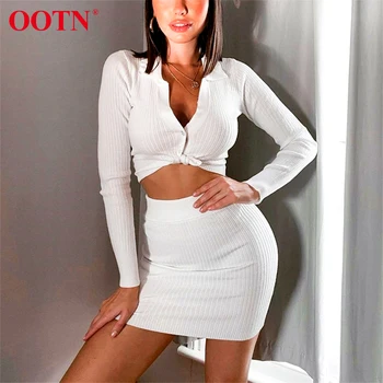 

OOTN Sexy Sweater Two Piece Set Women Outfits V Neck Long Sleeve Crop Top High Waist Mini Skirt Sets Autumn Knitted Suit Button