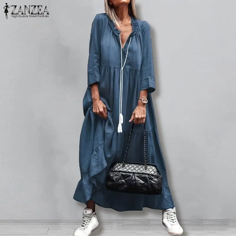 ZANZEA 2020 Casual Long Sleeve Maxi Vestidos Stylish Demin Blue Ruffle Dress Womens Autumn Sundress Female Solid Robe Oversized