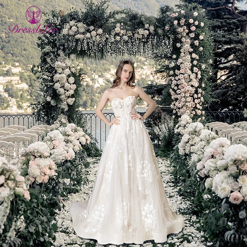 

2020 New Listing Ivory Wedding Dress Plus Size 3D Flower Embroidery Lace Bridal Dresses Transparent Court Train Wedding Gown
