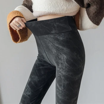

Plus Size Leggings Autumn and Winter High Waist Imitation Denim PU Velvet Faux Leather Leggins Mujer Sexy Print Pencil Pants